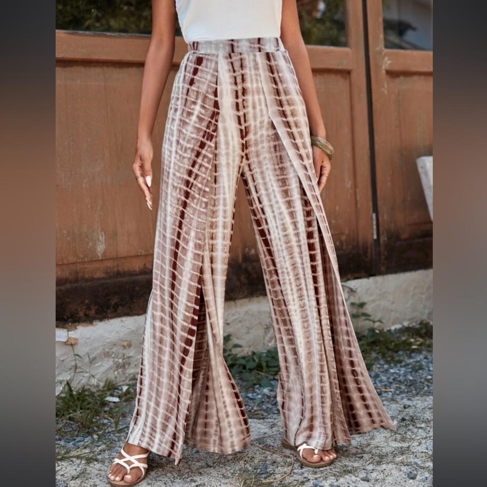 Women’s High Waisted Palazzo Tye Die Side Slit Pants Medium Brown Tan Cream